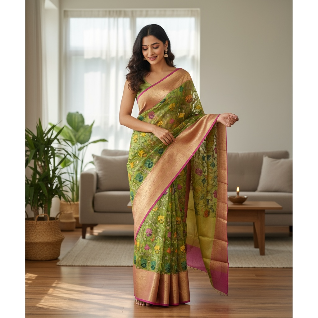 Green Colour Kalamkari Print Banarasi Fancy Saree