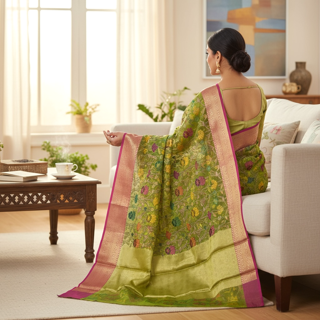 Green Colour Kalamkari Print Banarasi Fancy Saree