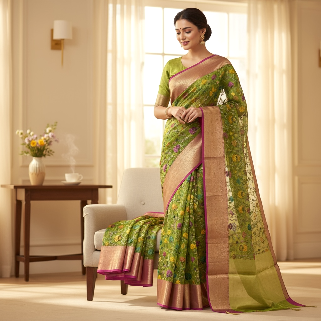 Green Colour Kalamkari Print Banarasi Fancy Saree