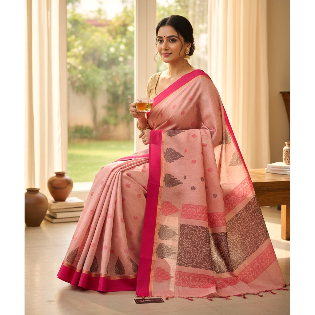 Pink Colour Handloom Cotton Saree