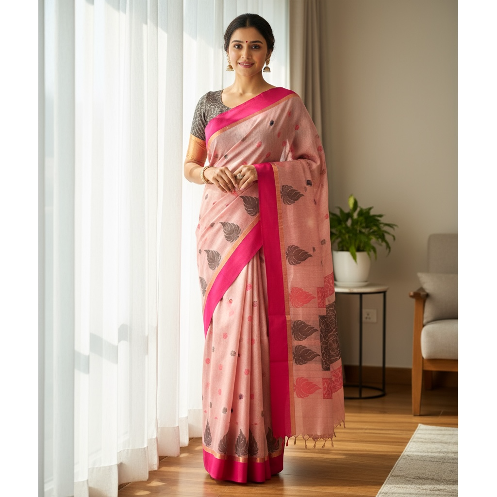 Pink Colour Handloom Cotton Saree