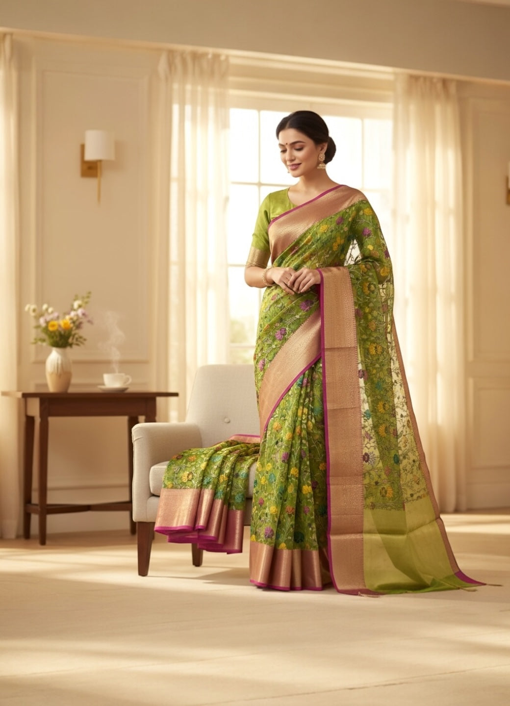 Green Colour Kalamkari Print Banarasi Fancy Saree