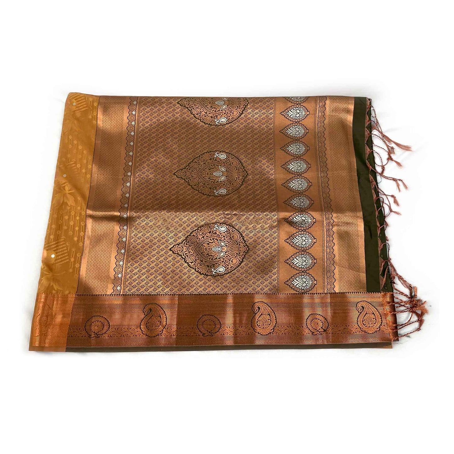Copper Toned Brown & Green Soft Pattu Saree