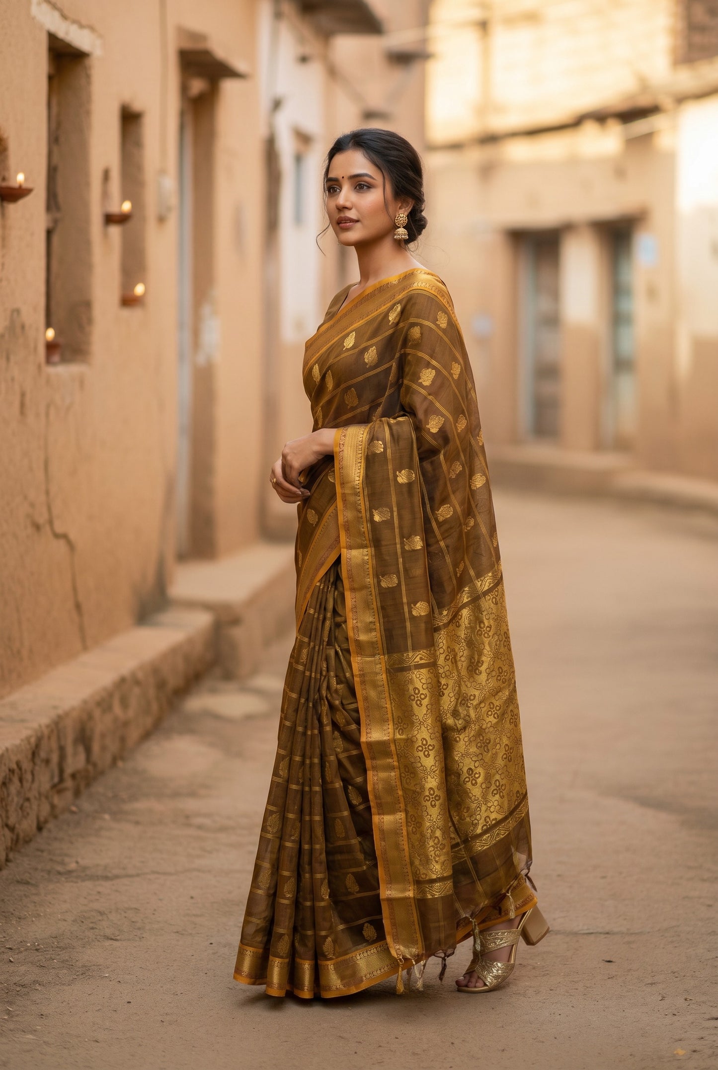 Venkatagiri Handloom Brown & Mustard Yellow Cotton Saree