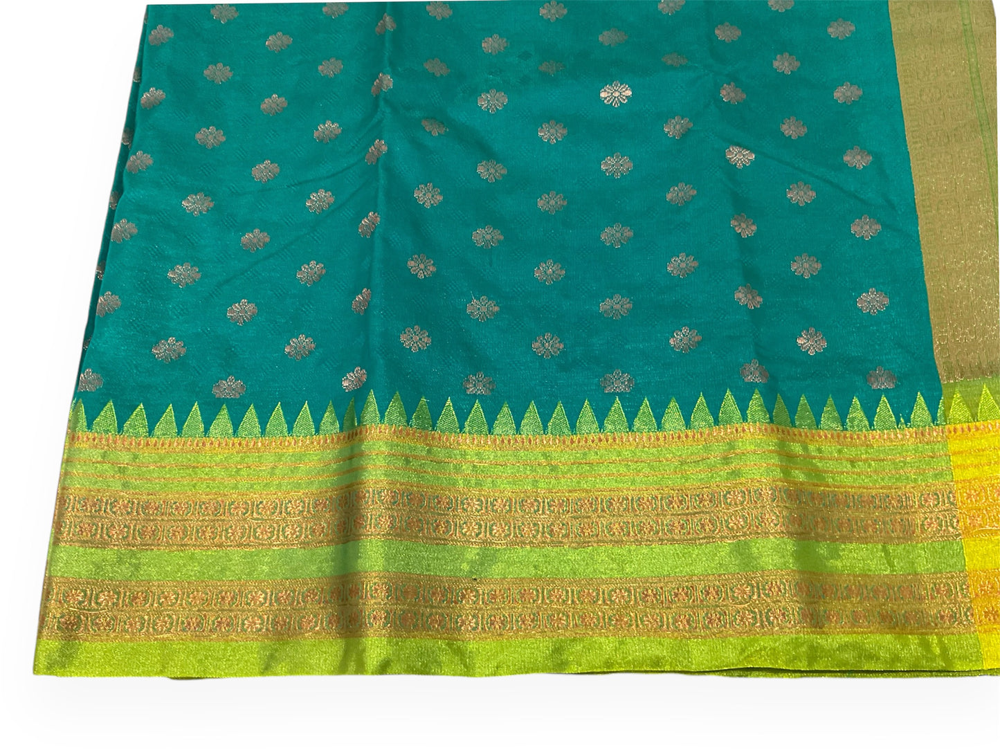 Peacock Blue and Parrot Green Colour Mou Silk Saree