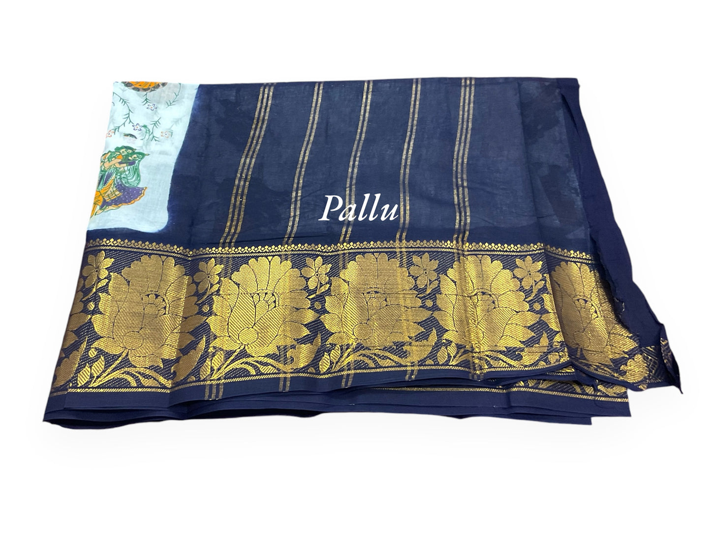 White and Navy Blue Colour Kalamkari Print Handloom Cotton Saree