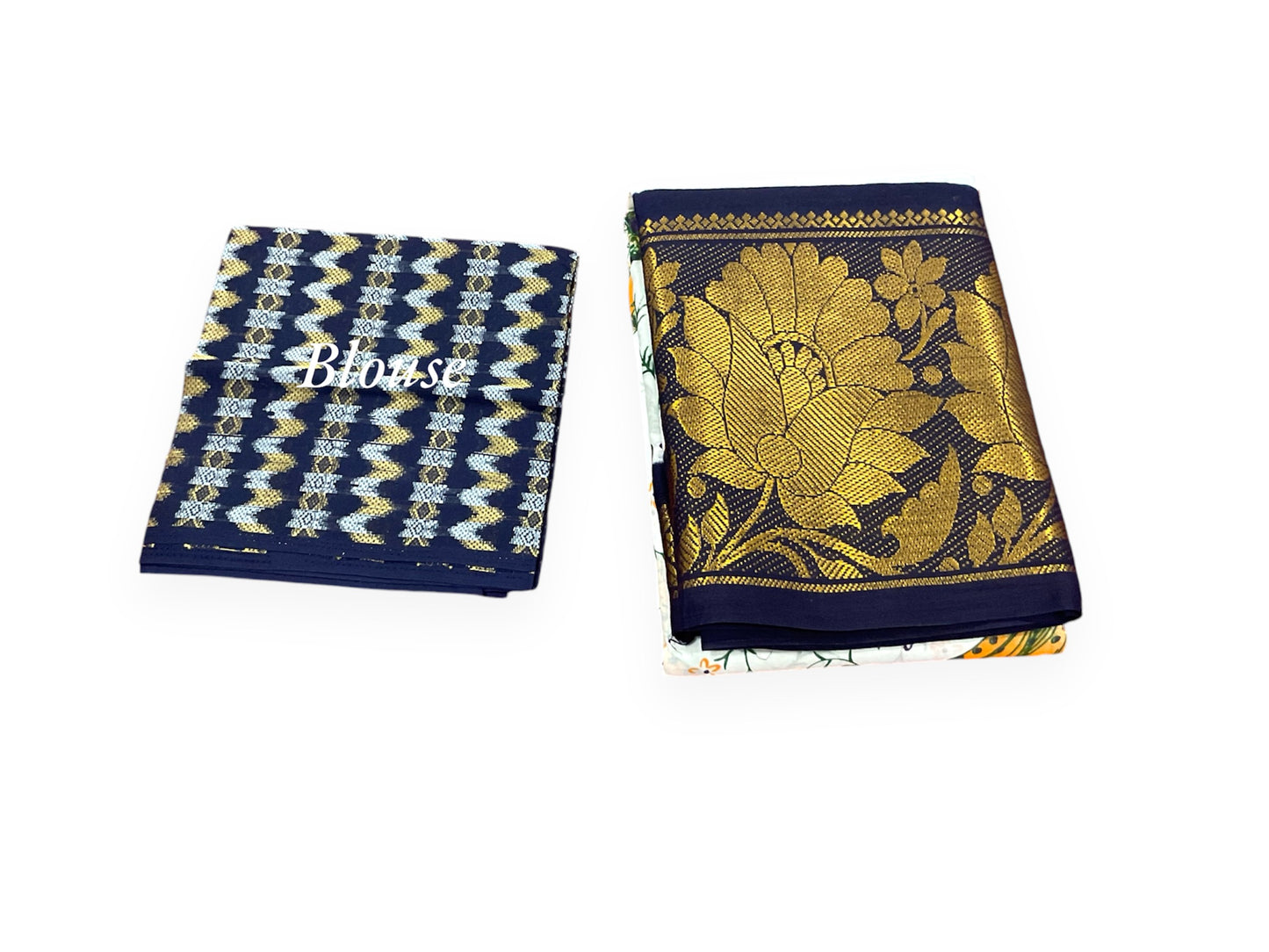 White and Navy Blue Colour Kalamkari Print Handloom Cotton Saree