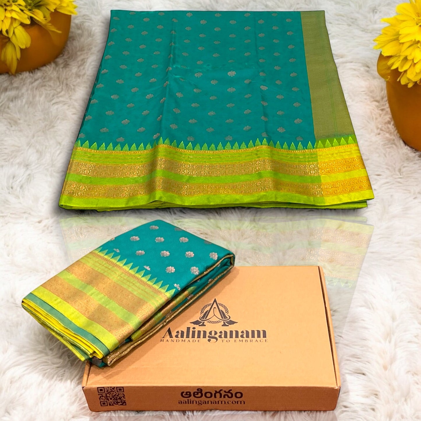 Peacock Blue and Parrot Green Colour Mou Silk Saree