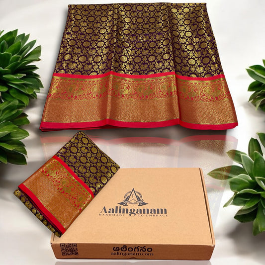 Dark Brown and Red Colour Banarasi Soft Pattu Saree