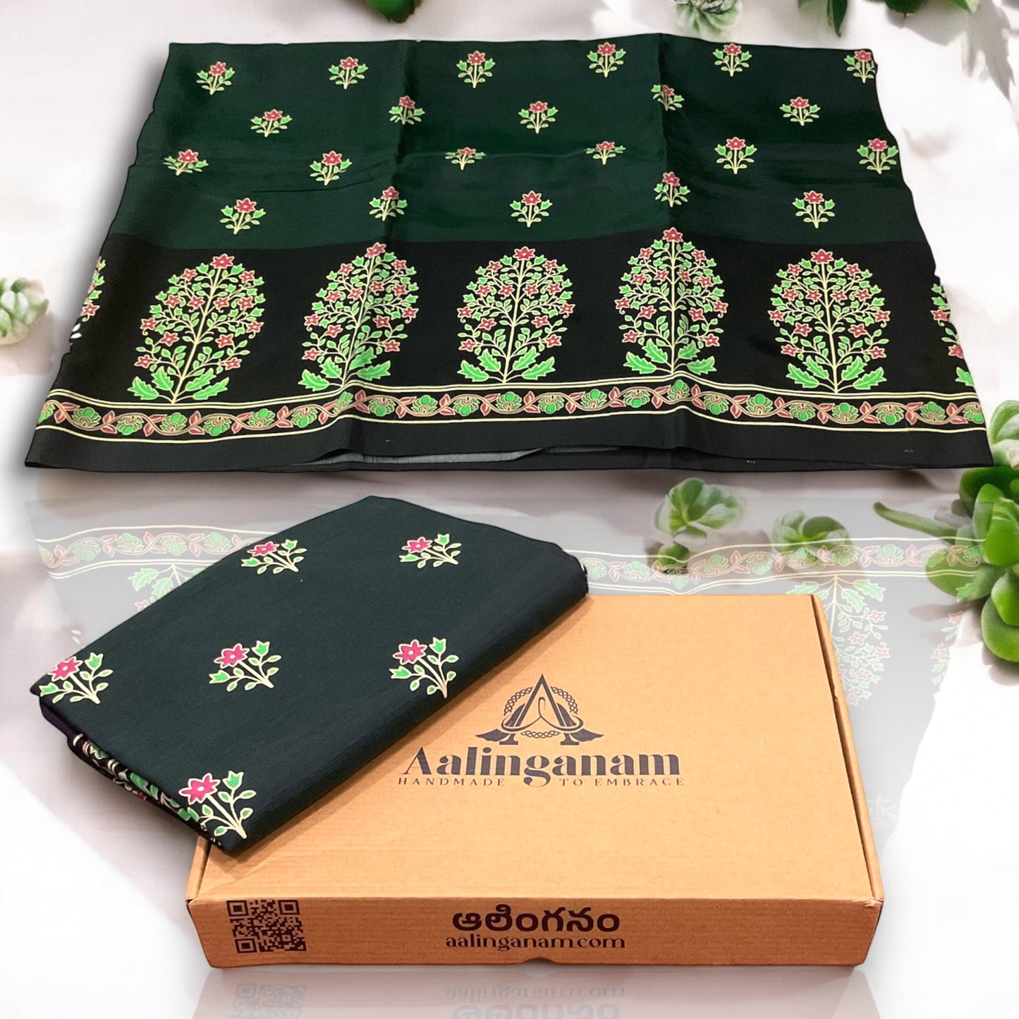 Dark Green and Black Colour Mangalagiri Semi Pattu Saree