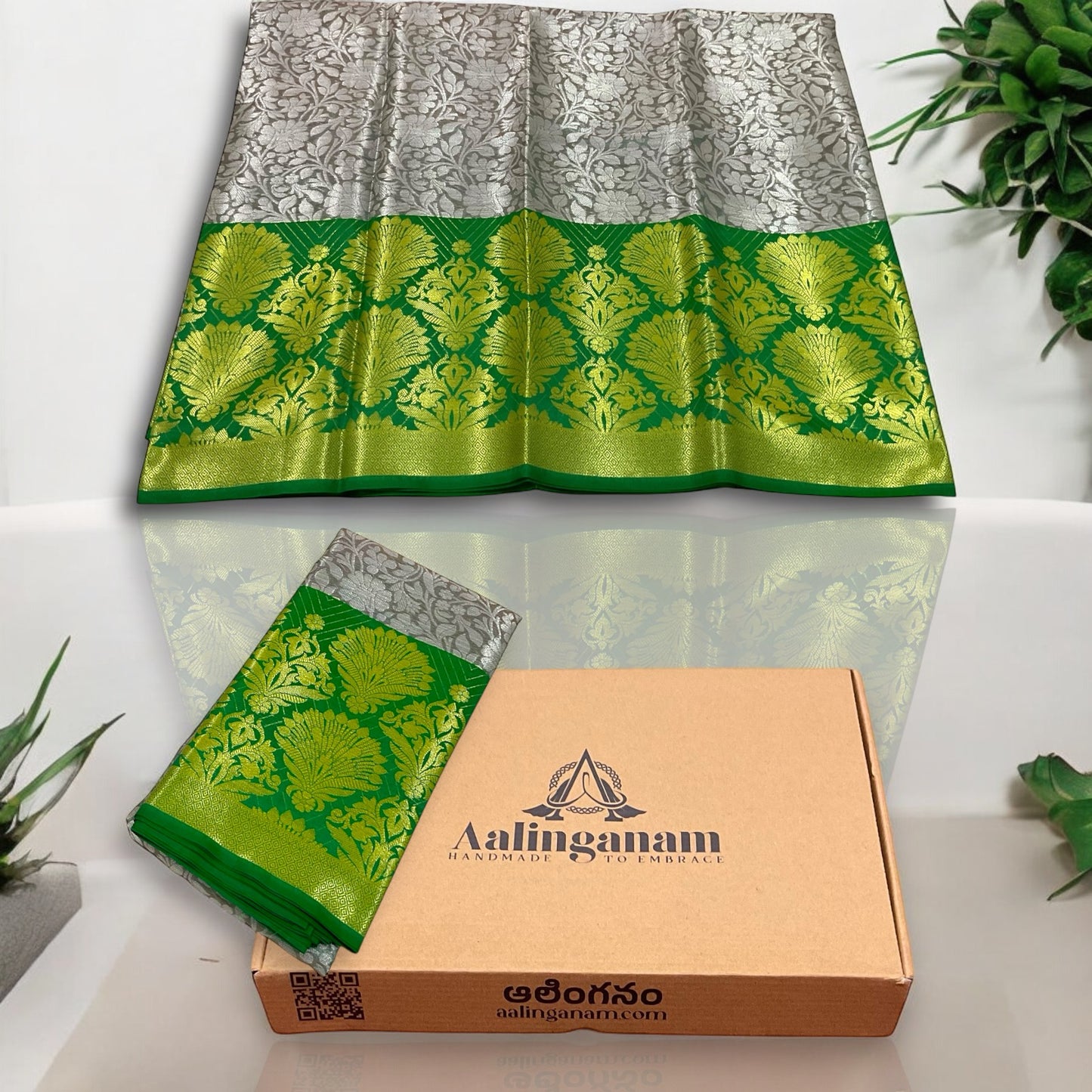 Light Grey and Green Colour Soft Pattu Saree