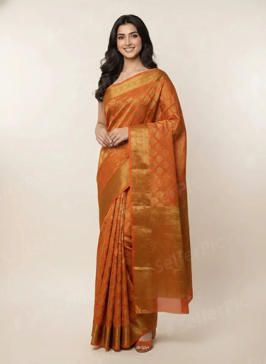 Peach Orange Colour Banarasi Tissue Saree