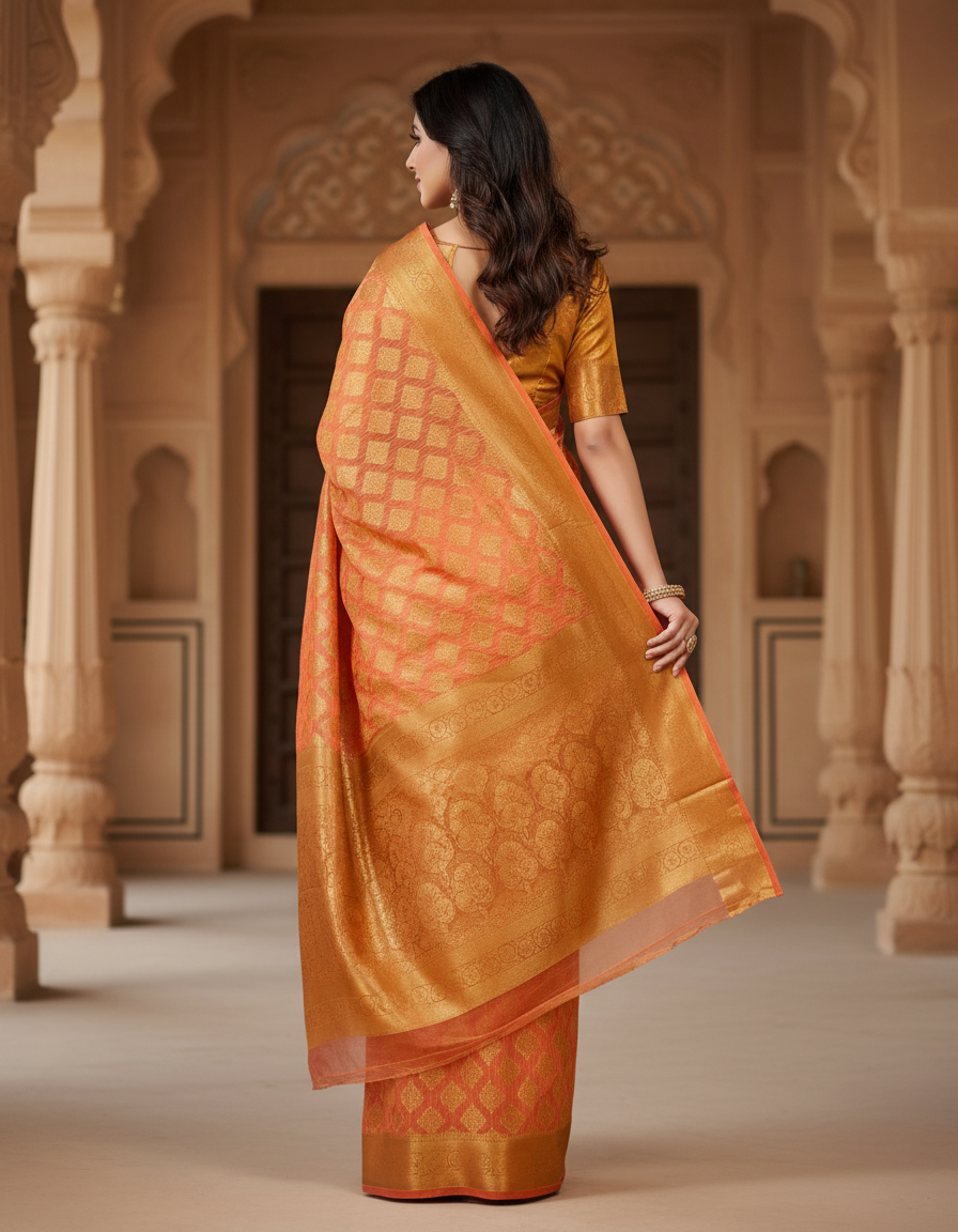 Peach Orange Colour Banarasi Tissue Saree