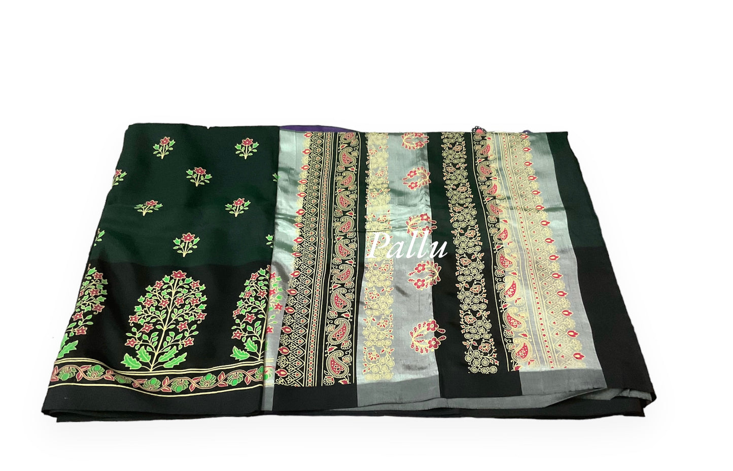 Dark Green and Black Colour Mangalagiri Semi Pattu Saree