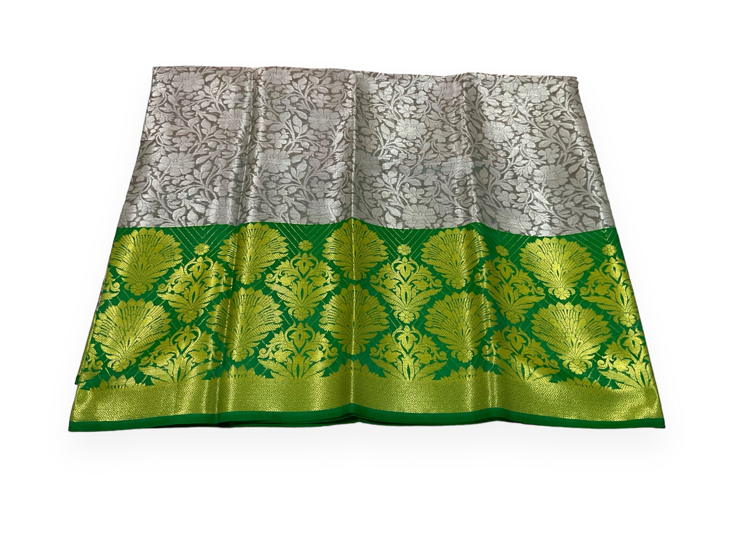 Light Grey and Green Colour Soft Pattu Saree