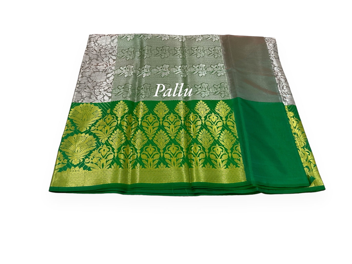 Light Grey and Green Colour Soft Pattu Saree