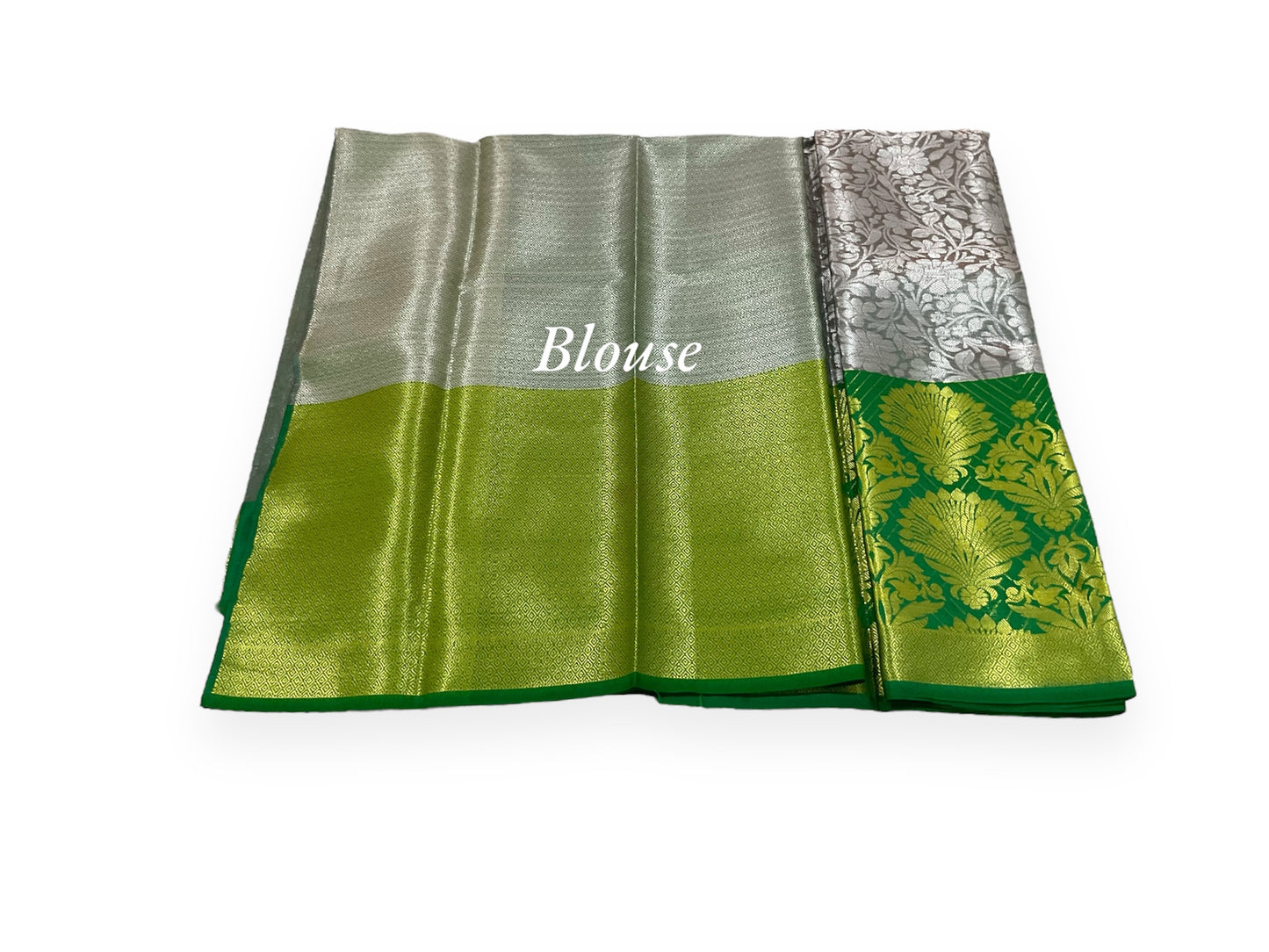 Light Grey and Green Colour Soft Pattu Saree