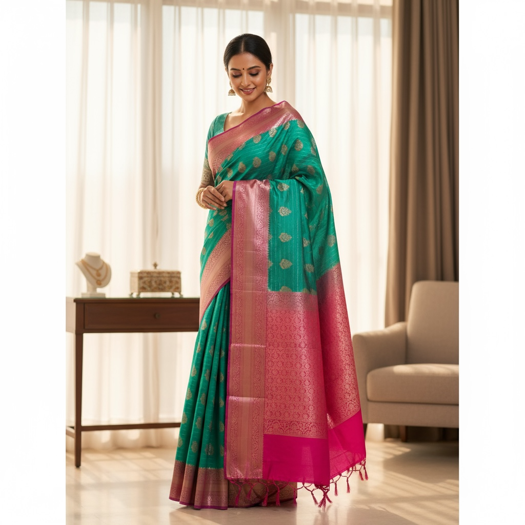 Teal Blue and Pink Colour Banarasi Soft Pattu Saree