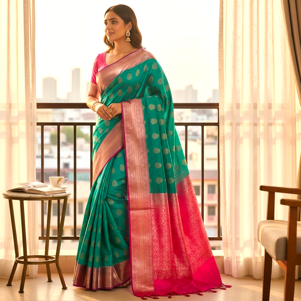Teal Blue and Pink Colour Banarasi Soft Pattu Saree