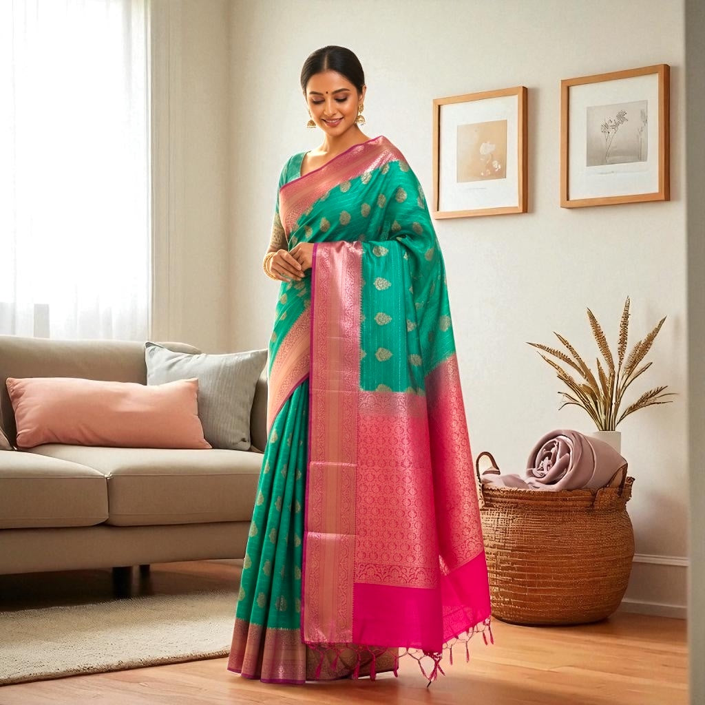 Teal Blue and Pink Colour Banarasi Soft Pattu Saree
