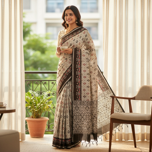 Grey and Black Colour Soft Cotton Saree