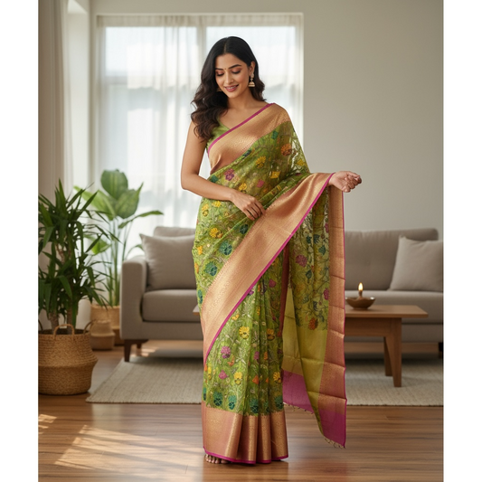 Green Colour Kalamkari Print Banarasi Fancy Saree