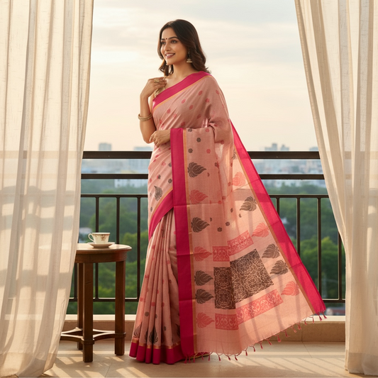 Pink Colour Handloom Cotton Saree