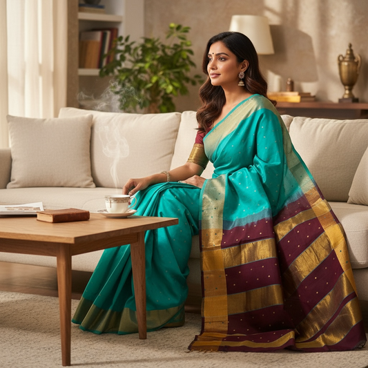 Venkatagiri Light Green & Brown Cotton Pattu Saree