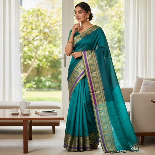 Turquoise Blue Colour Handloom Cotton Saree