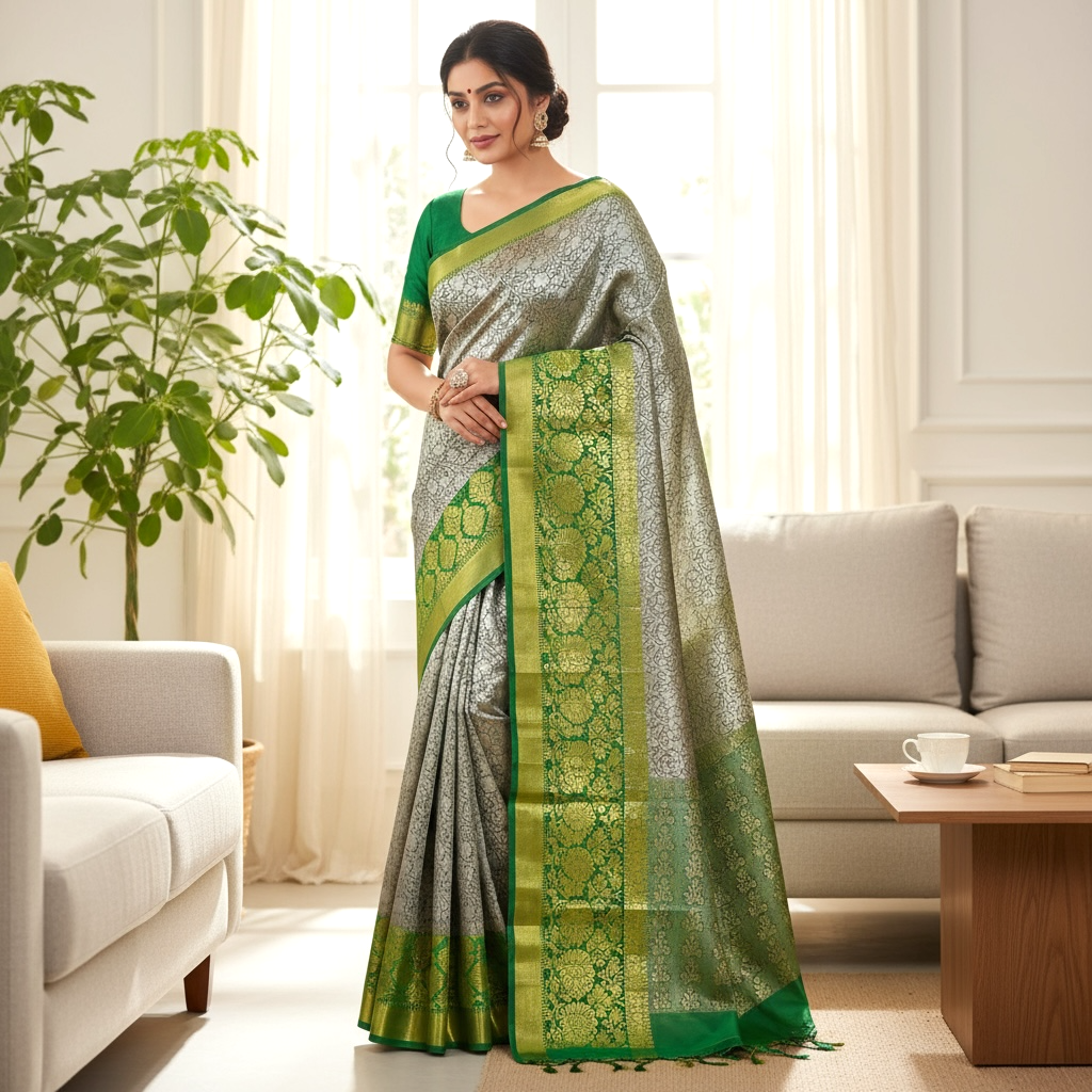 Light Grey and Green Colour Soft Pattu Saree
