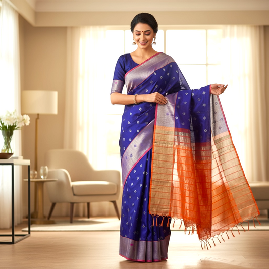 Venkatagiri Deep Violet & Orange Cotton Pattu Saree