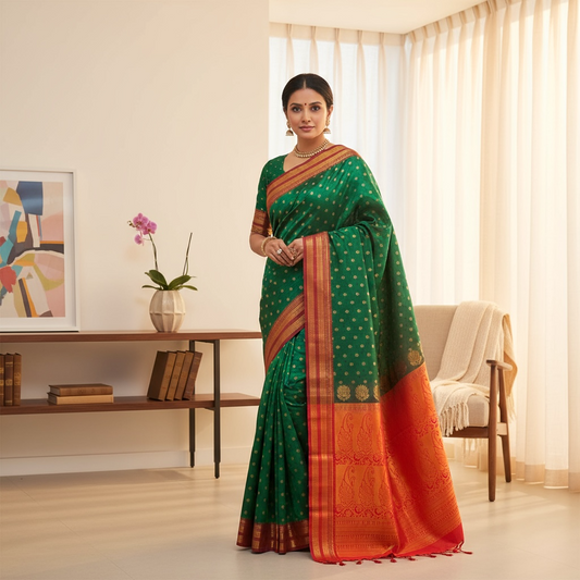 Bottle Green and Red Colour Mou Silk Saree