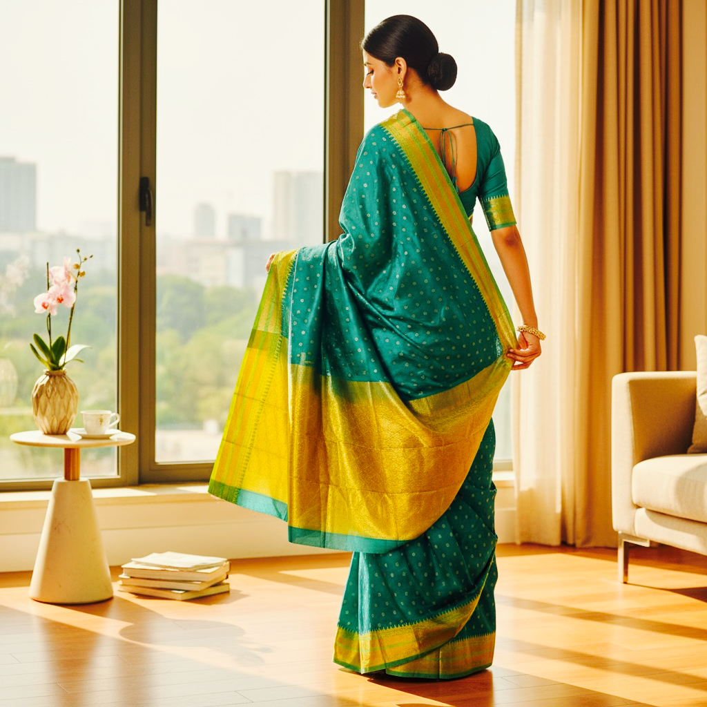 Peacock Blue and Parrot Green Colour Mou Silk Saree