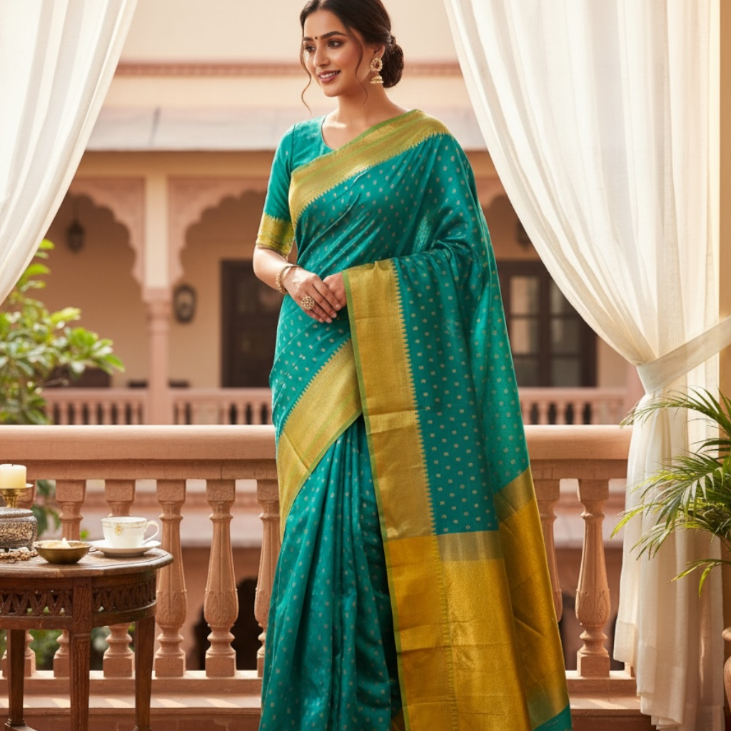 Peacock Blue and Parrot Green Colour Mou Silk Saree
