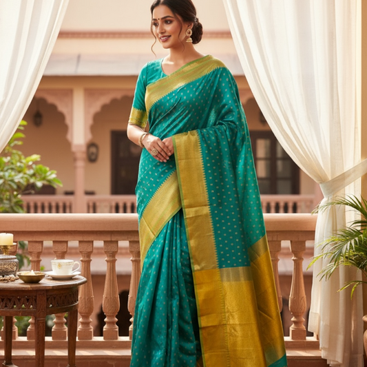 Peacock Blue and Parrot Green Colour Mou Silk Saree