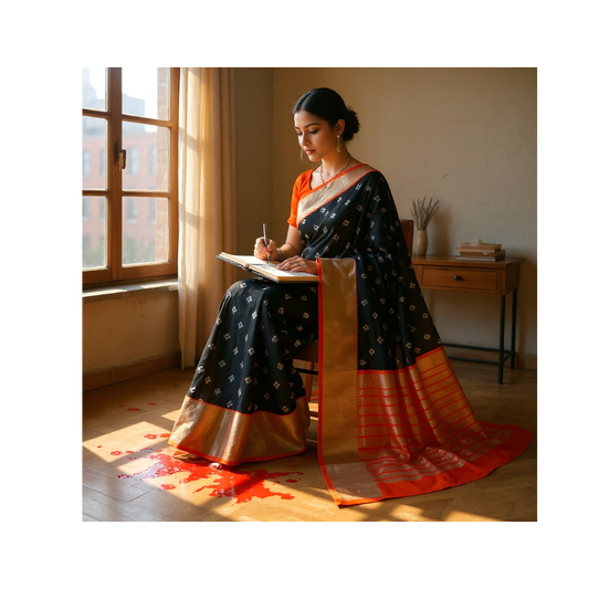 Venkatagiri Black & Orange Cotton Pattu Saree