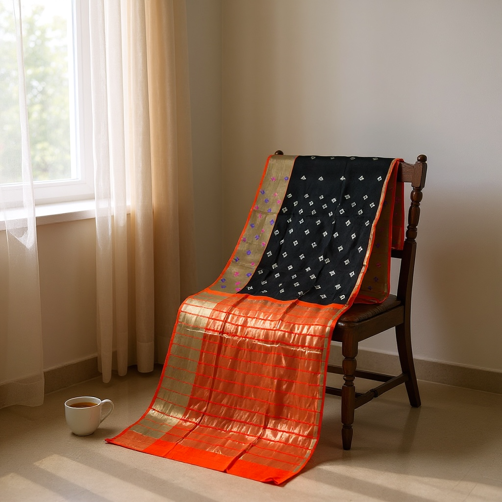 Venkatagiri Black & Orange Cotton Pattu Saree