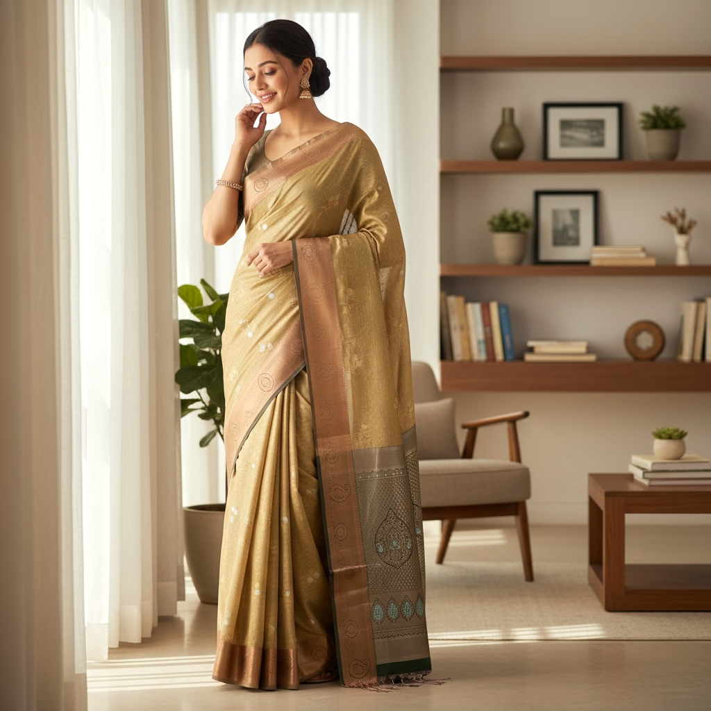 Copper Toned Brown & Green Soft Pattu Saree