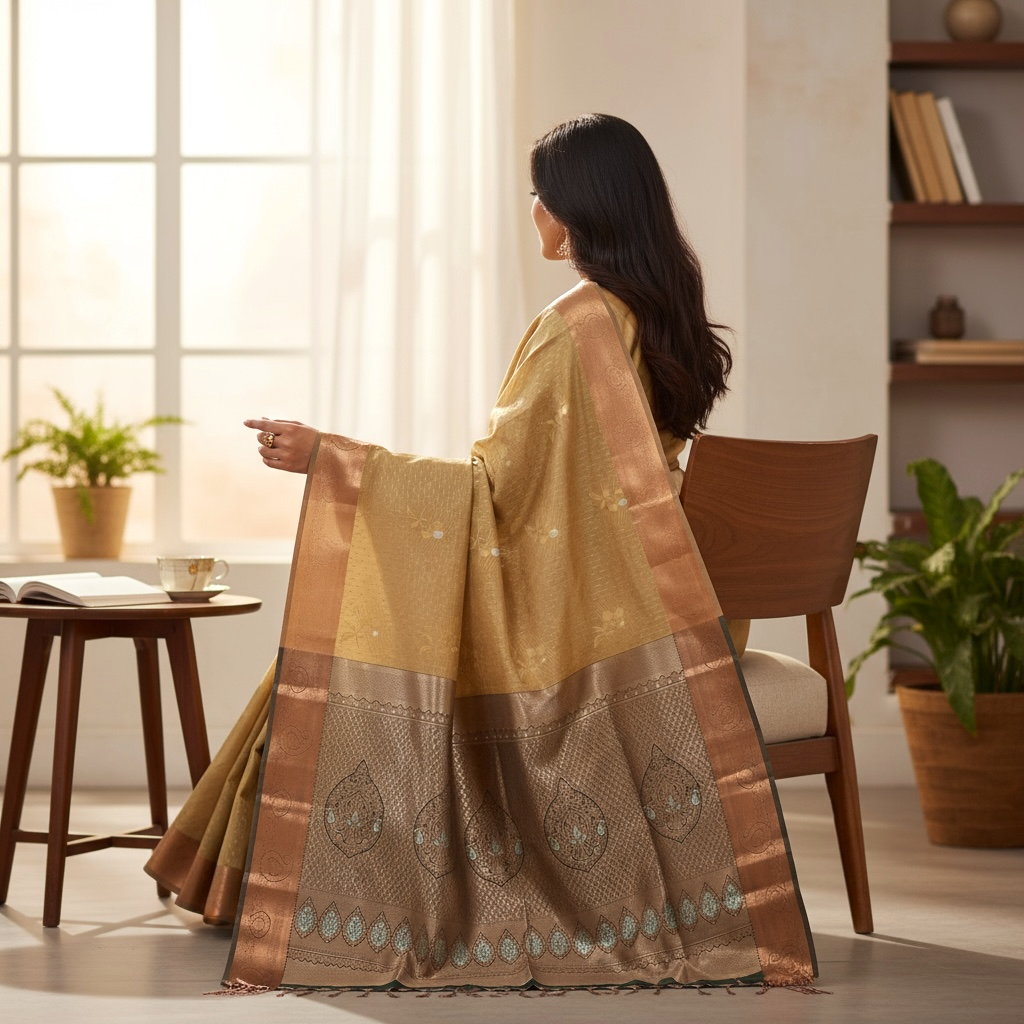 Copper Toned Brown & Green Soft Pattu Saree