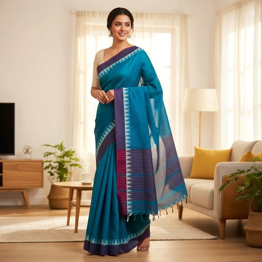 Mangalgiri Blue and Maroon Handloom Cotton Saree