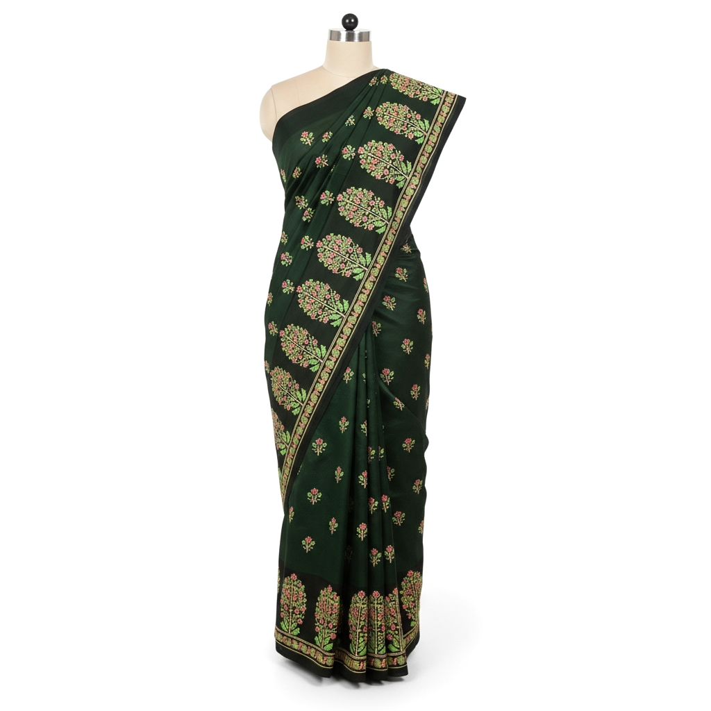 Dark Green and Black Colour Mangalagiri Semi Pattu Saree