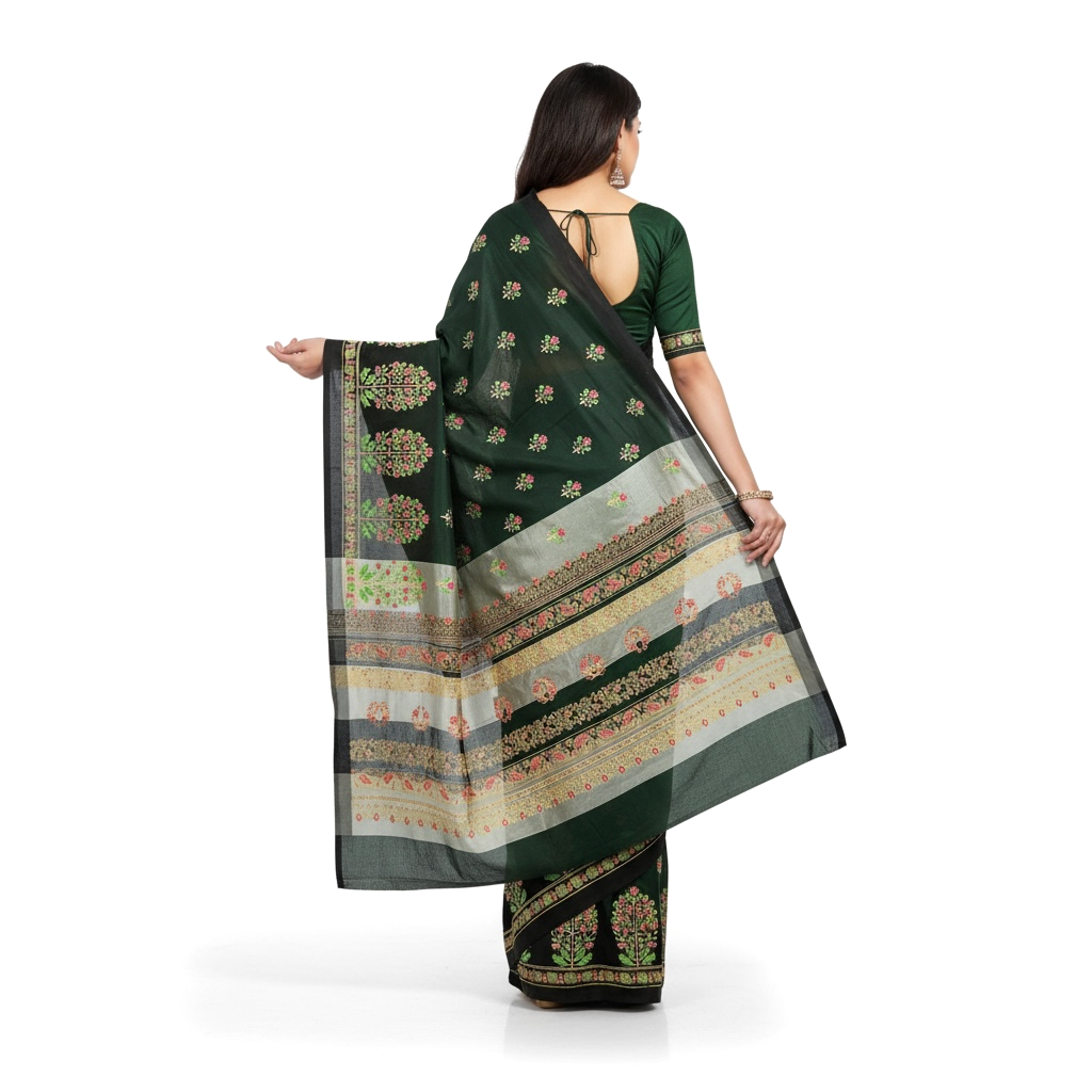 Dark Green and Black Colour Mangalagiri Semi Pattu Saree