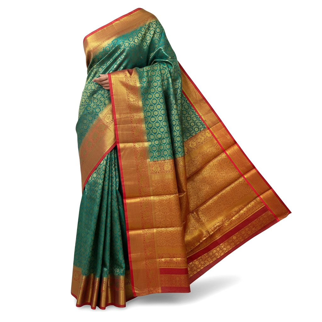 Light Pine Green and Red Colour Banarasi Soft Pattu Saree