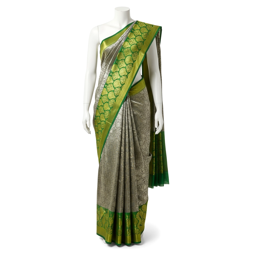 Light Grey and Green Colour Soft Pattu Saree