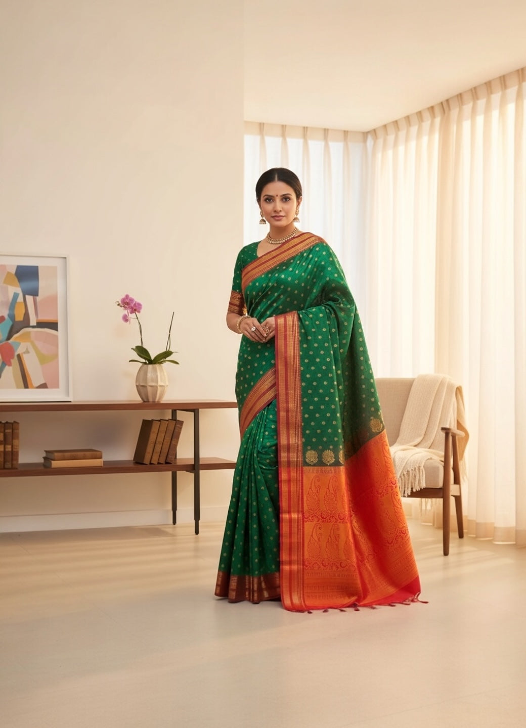 Bottle Green and Red Colour Mou Silk Saree