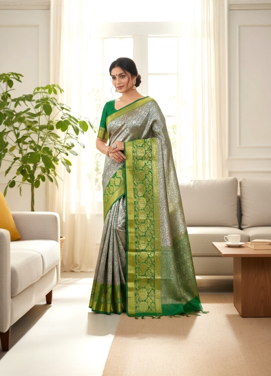 Light Grey and Green Colour Soft Pattu Saree