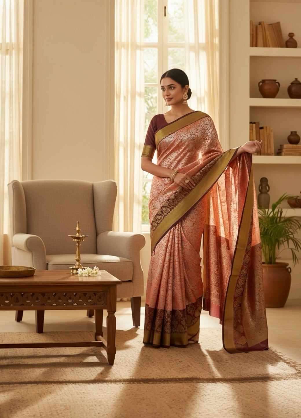 Light Orange and Maroon Colour Soft Pattu Saree