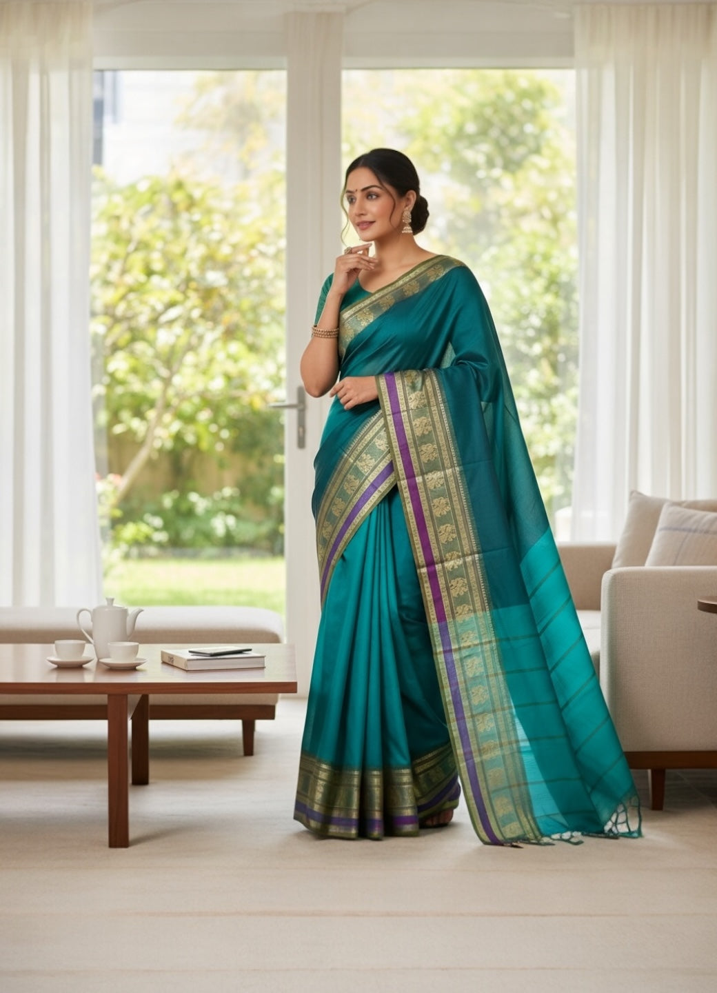Turquoise Blue Colour Handloom Cotton Saree