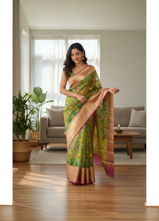 Green Colour Kalamkari Print Banarasi Fancy Saree