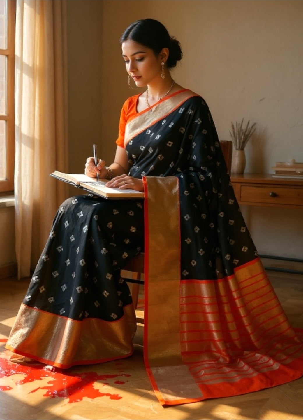 Venkatagiri Black & Orange Cotton Pattu Saree